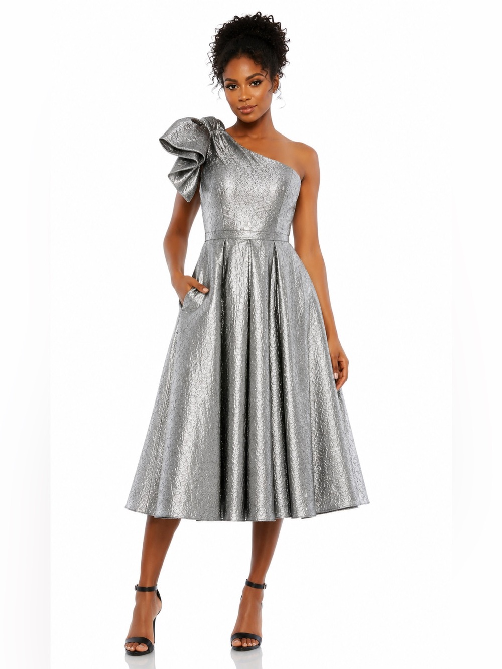 NWT Mac Duggal 67906 Silver Metallic Brocade Bow One Shoulder Midi Dress 8